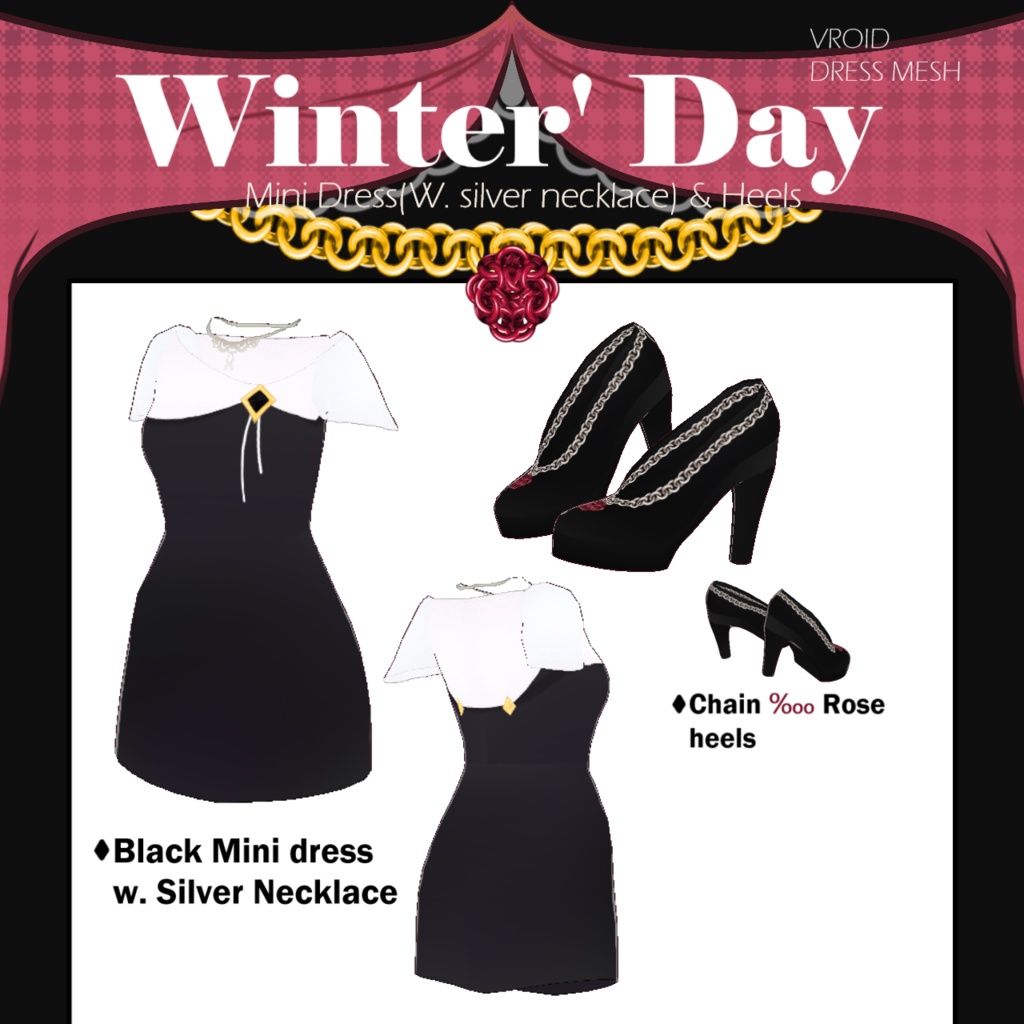 [custom items for Vroid studio] Winter Day - Dress & shoes 黒のミニドレス・チェーンローズのヒール [Outfits Mesh]