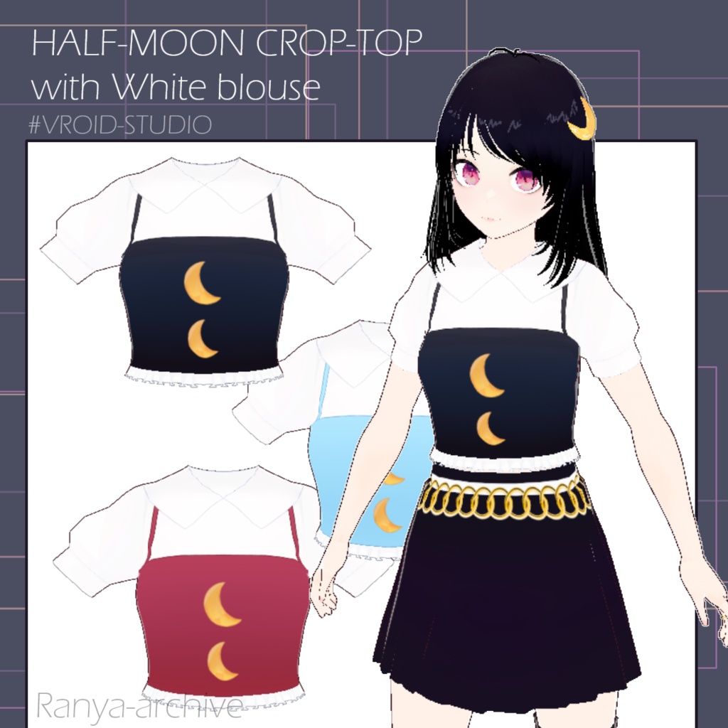 [custom items for Vroid studio] 3 colors, Half Moon Crop top with a white blouse ハーフムーン・クロップトップと白いブラウス [Outfits Mesh]