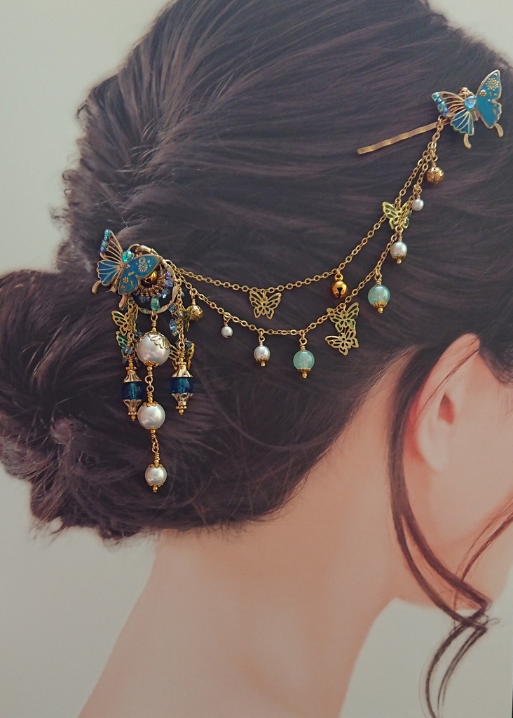 【完売御礼】デザイン見本品:青蝶と鈴の厄除け簪【再販不可/非公式】