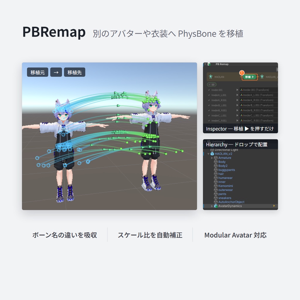 【Unity拡張】PhysBoneを骨から抜くやつ(PBReplacer)