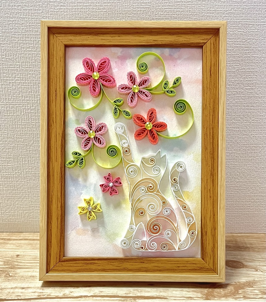 ペーパークイリング　アート　猫とお花(A)
