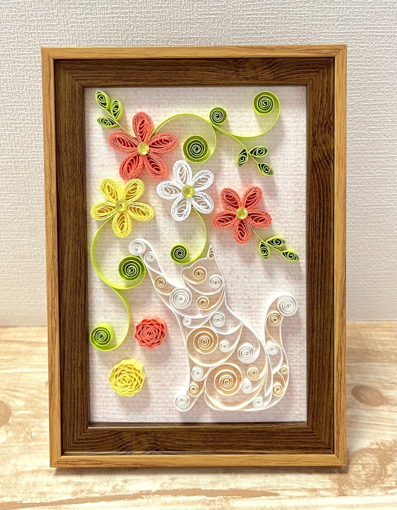 ペーパークイリング　アート　猫とお花(B)