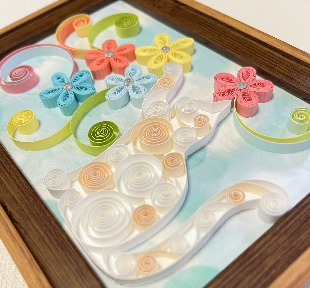 ペーパークイリング アート 猫とお花(横向き)