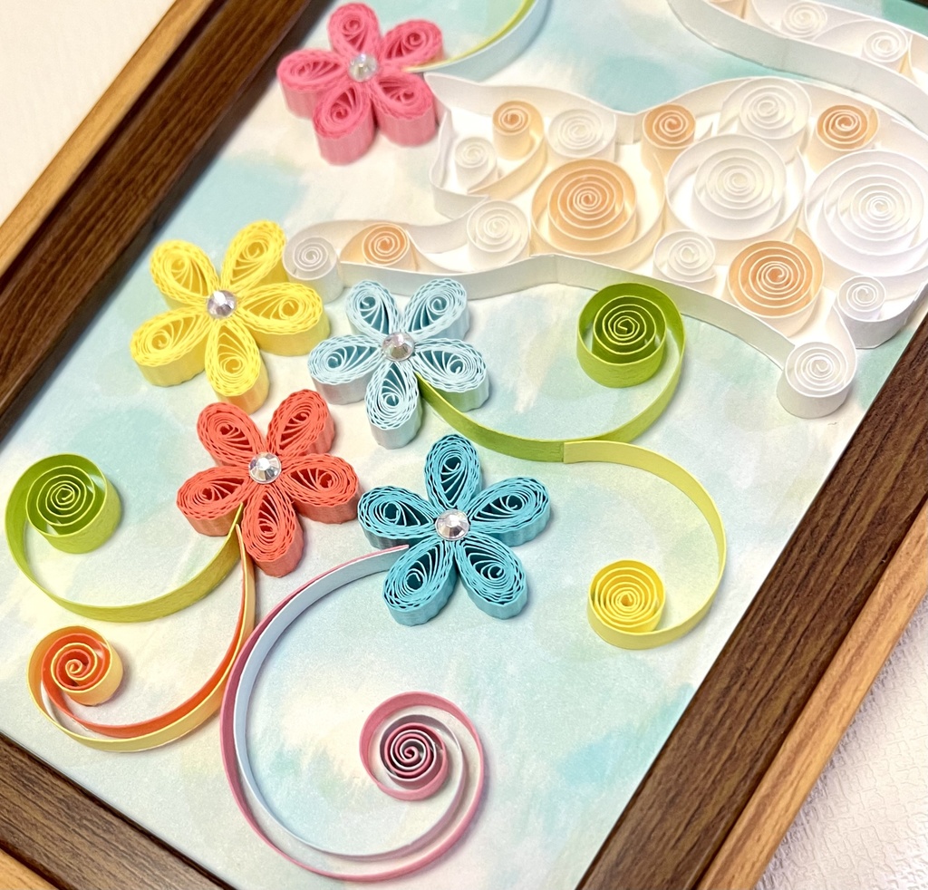 ペーパークイリング アート 猫とお花(横向き)