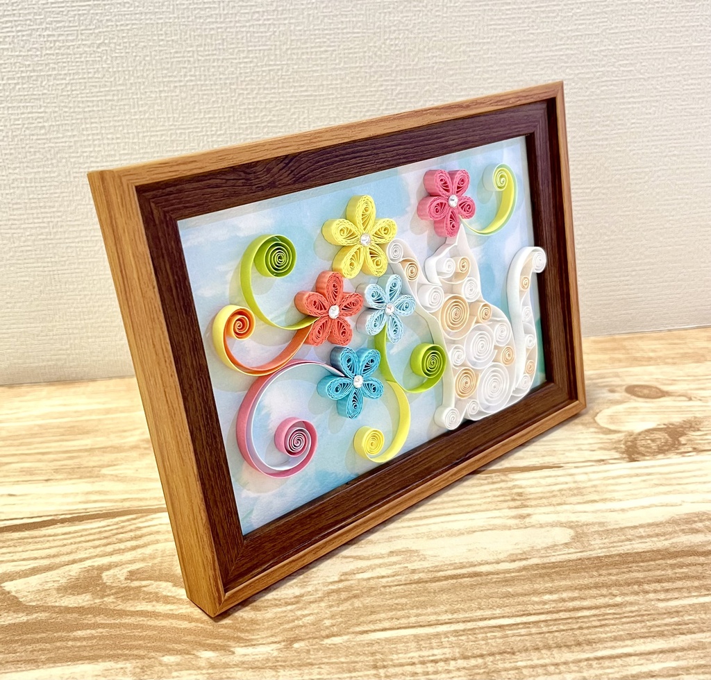 ペーパークイリング アート 猫とお花(横向き)