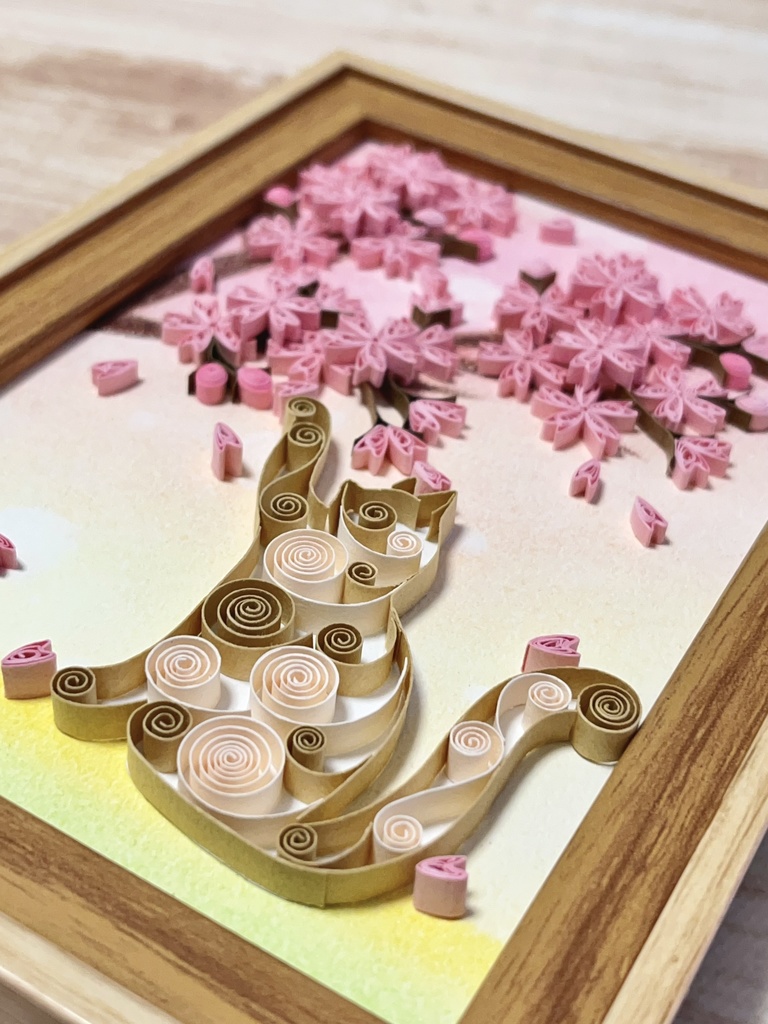 ペーパークイリング アート 猫と桜