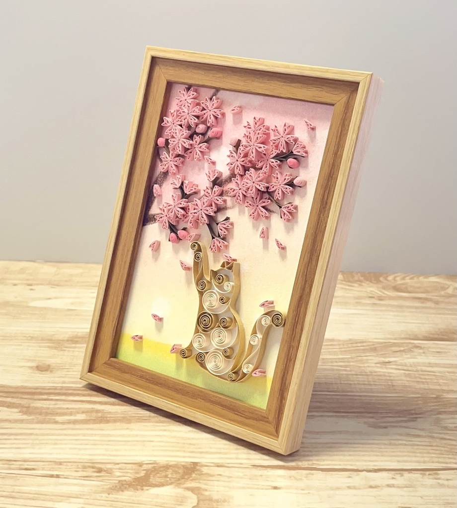 ペーパークイリング アート 猫と桜