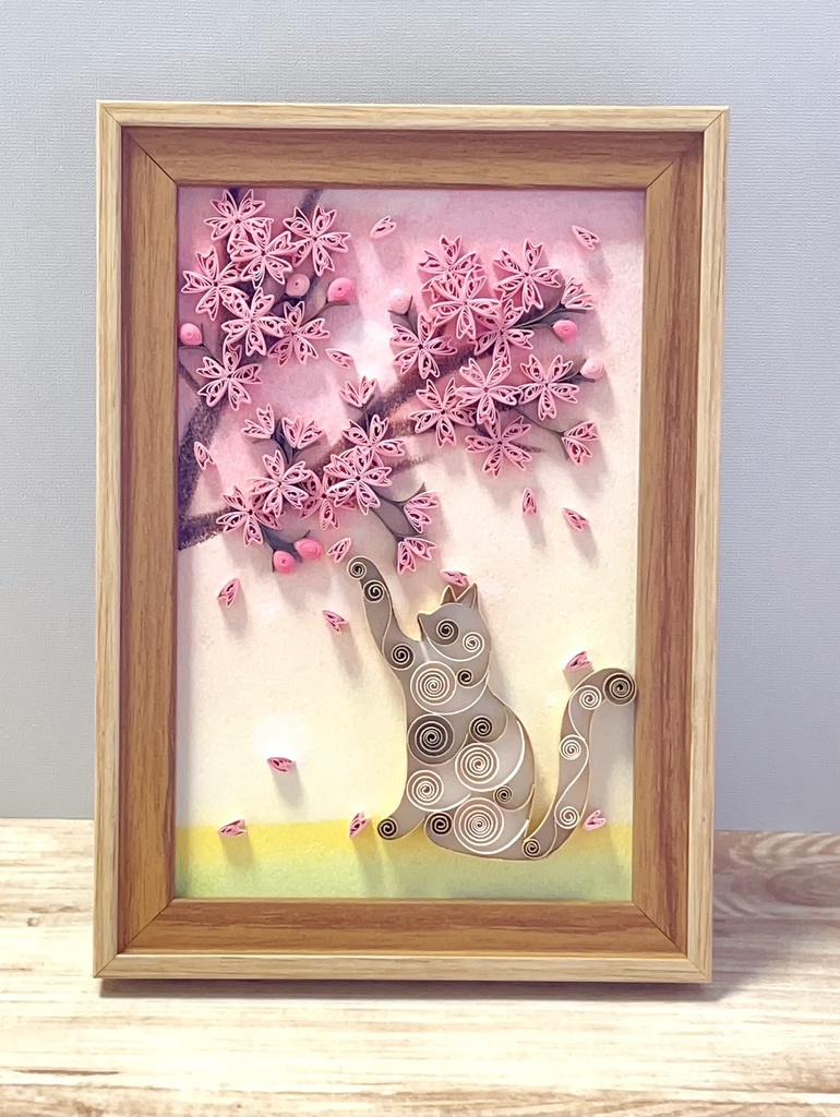ペーパークイリング　アート　猫と桜