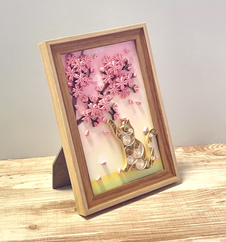 ペーパークイリング アート 猫と桜