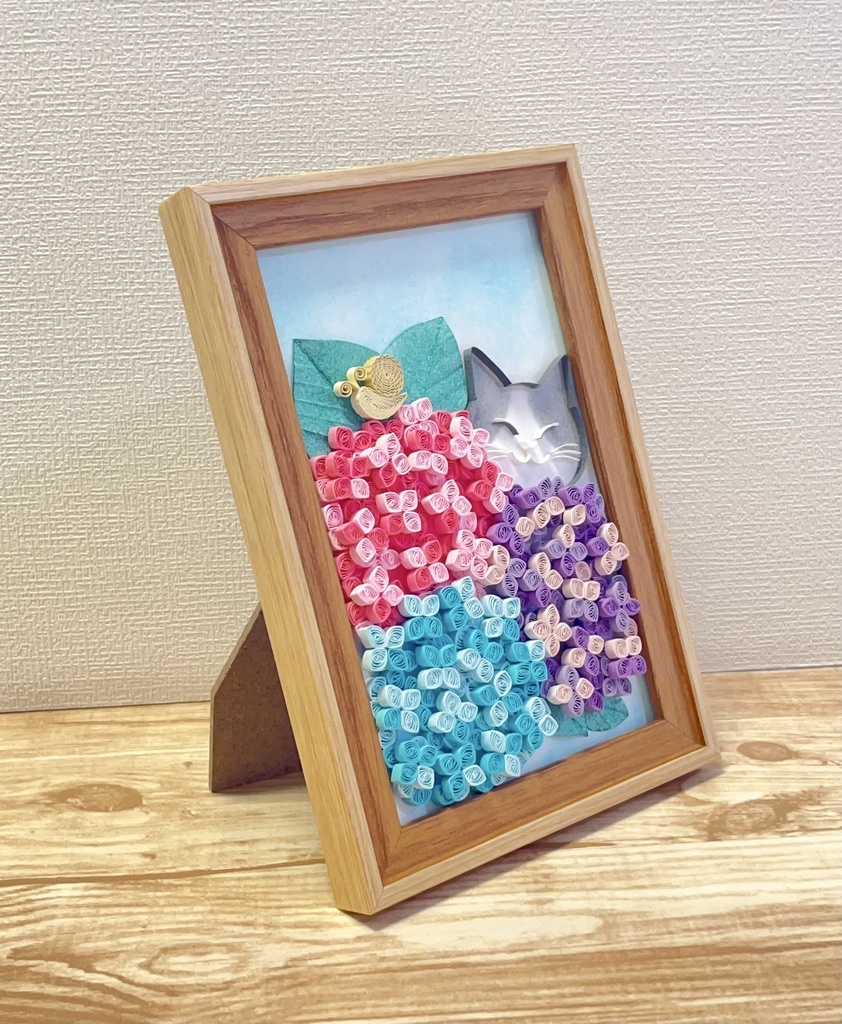 ペーパークイリング アート 猫と紫陽花