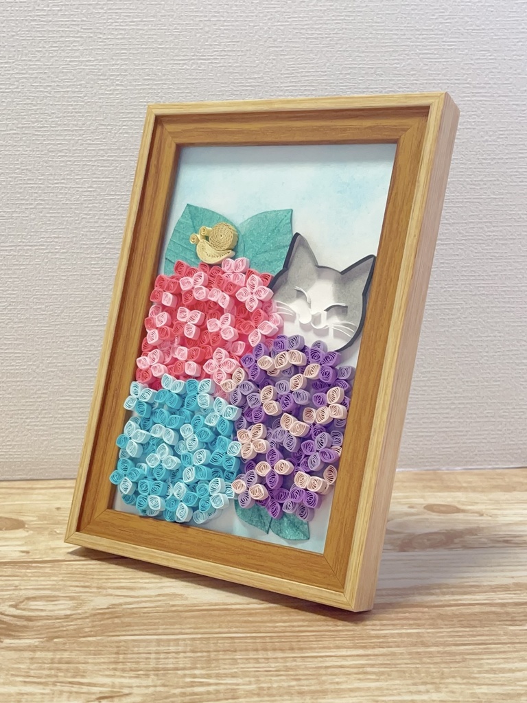 ペーパークイリング アート 猫と紫陽花