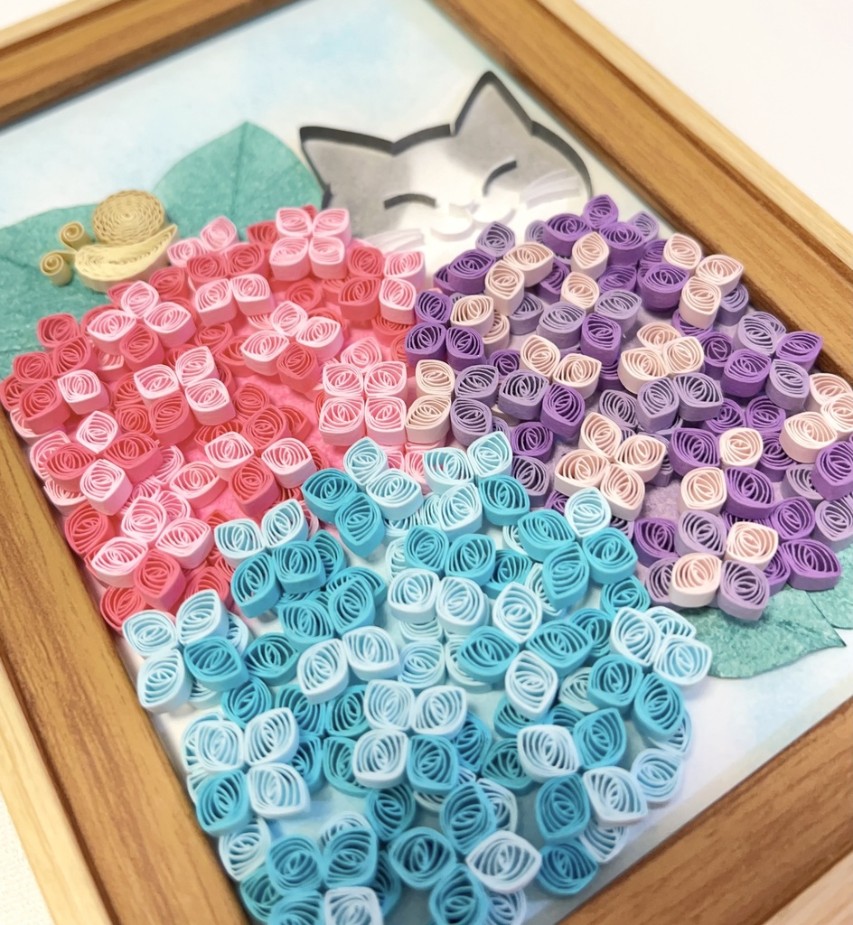 ペーパークイリング アート 猫と紫陽花