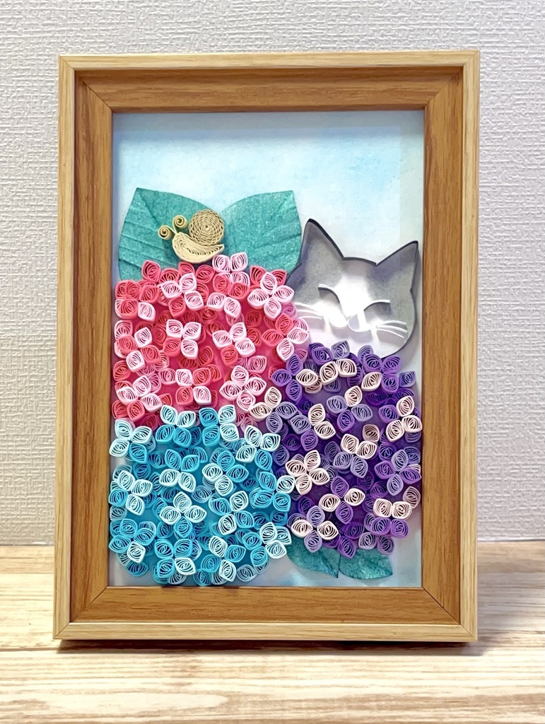 ペーパークイリング　アート　猫と紫陽花