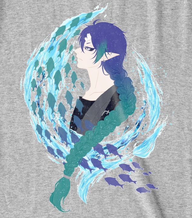 【常設】夜鳴鬼カゲリ オリジナルTシャツ 魚群 杢グレー
