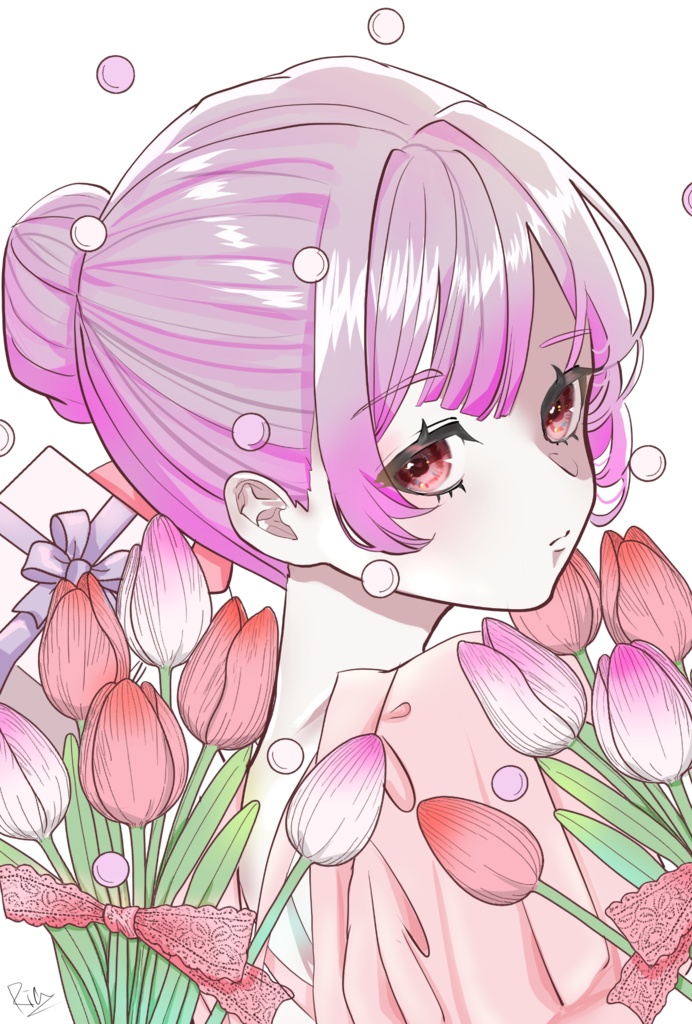 チューリップと女子　ポストカード