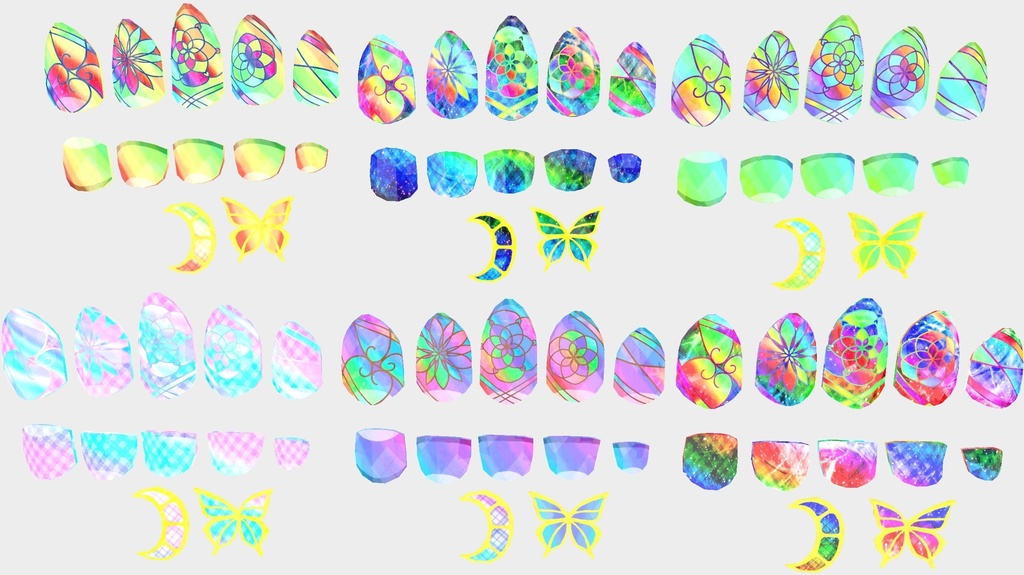 VRC想定 蝶・ミカヅキ付きテクスチャ53枚のつよつよネイル☆(付け爪)51アバター対応 シェーダーは、lilToon