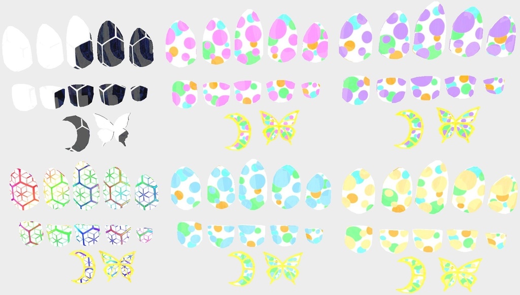 VRC想定 蝶・ミカヅキ付きテクスチャ53枚のつよつよネイル☆(付け爪)51アバター対応 シェーダーは、lilToon