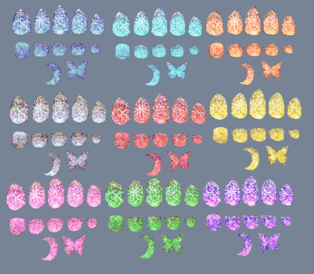 VRC想定 蝶・ミカヅキ付きテクスチャ53枚のつよつよネイル☆57アバター対応 シェーダーは、lilToon(足のネイルは、おまけです☆)