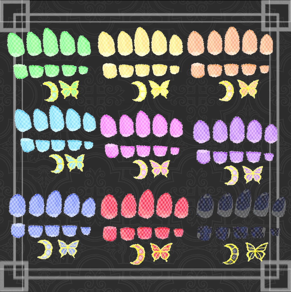 VRC想定 蝶・ミカヅキ付きテクスチャ53枚のつよつよネイル☆57アバター対応 シェーダーは、lilToon(足のネイルは、おまけです☆)