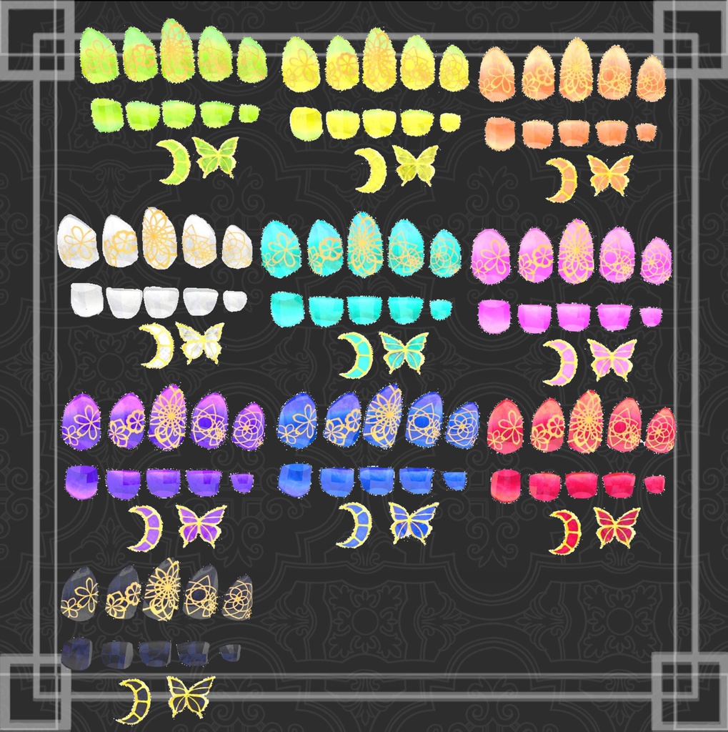 VRC想定 蝶・ミカヅキ付きテクスチャ53枚のつよつよネイル☆57アバター対応 シェーダーは、lilToon(足のネイルは、おまけです☆)