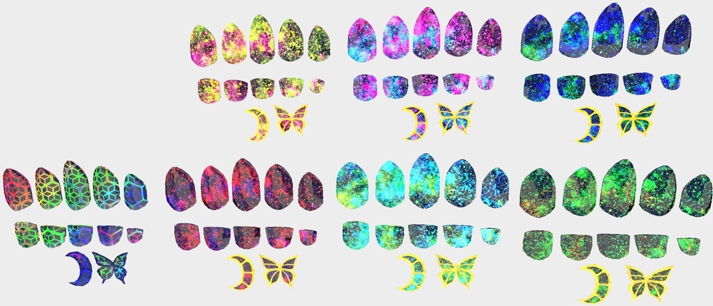 VRC想定 蝶・ミカヅキ付きテクスチャ53枚のつよつよネイル☆(付け爪)51アバター対応 シェーダーは、lilToon