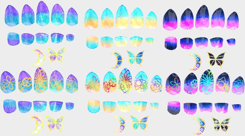 VRC想定 蝶・ミカヅキ付きテクスチャ53枚のつよつよネイル☆(付け爪)51アバター対応 シェーダーは、lilToon