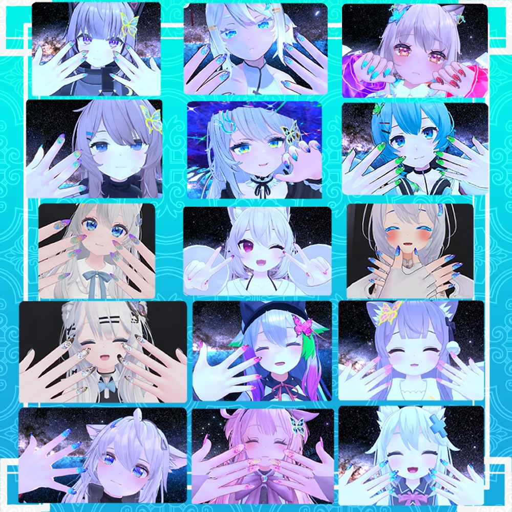 VRC想定 蝶・ミカヅキ付きテクスチャ53枚のつよつよネイル☆57アバター対応 シェーダーは、lilToon(足のネイルは、おまけです☆)