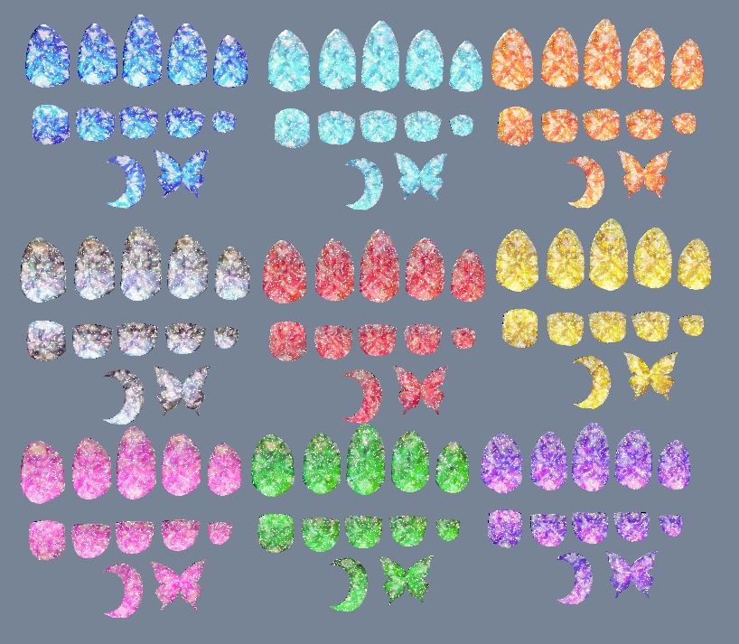 VRC想定 蝶・ミカヅキ付きテクスチャ53枚のつよつよネイル☆57アバター対応 シェーダーは、lilToon(足のネイルは、おまけです☆)