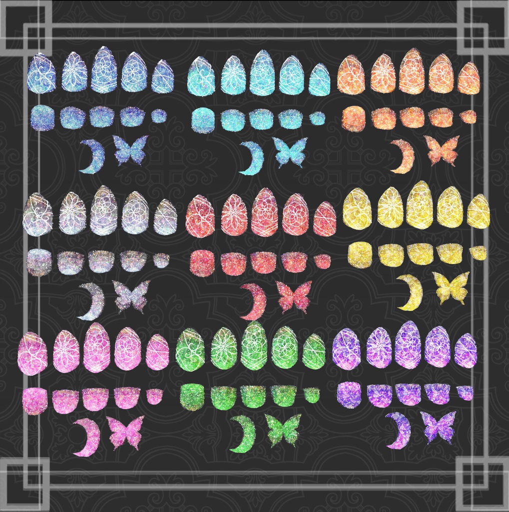 VRC想定 蝶・ミカヅキ付きテクスチャ53枚のつよつよネイル☆57アバター対応 シェーダーは、lilToon(足のネイルは、おまけです☆)