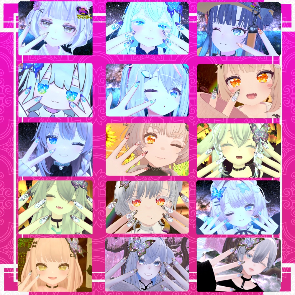 VRC想定 蝶・ミカヅキ付きテクスチャ53枚のつよつよネイル☆57アバター対応 シェーダーは、lilToon(足のネイルは、おまけです☆)