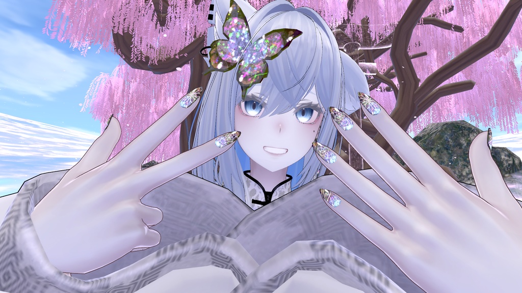 VRC想定 蝶・ミカヅキ付きテクスチャ53枚のつよつよネイル☆(付け爪)51アバター対応 シェーダーは、lilToon