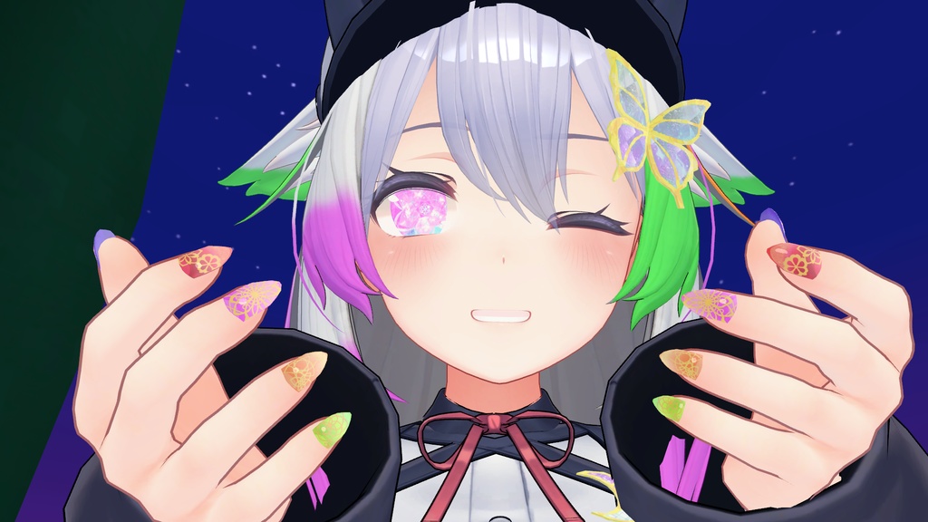 VRC想定 蝶・ミカヅキ付きテクスチャ53枚のつよつよネイル☆(付け爪)51アバター対応 シェーダーは、lilToon