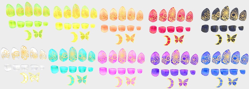 VRC想定 蝶・ミカヅキ付きテクスチャ53枚のつよつよネイル☆(付け爪)51アバター対応 シェーダーは、lilToon