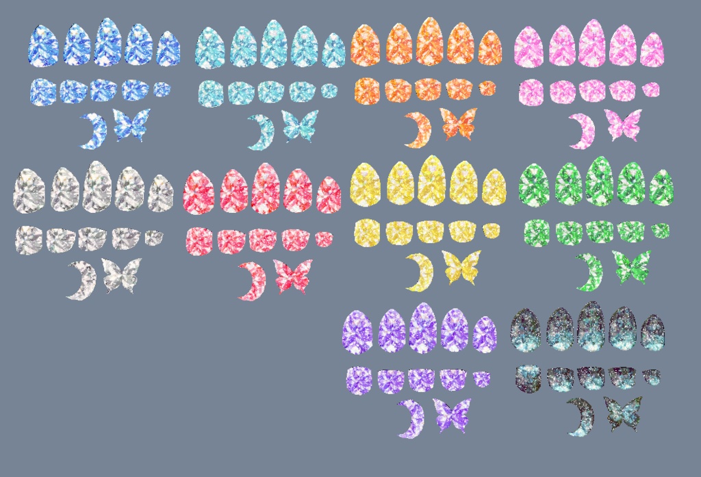 VRC想定 蝶・ミカヅキ付きテクスチャ53枚のつよつよネイル☆57アバター対応 シェーダーは、lilToon(足のネイルは、おまけです☆)
