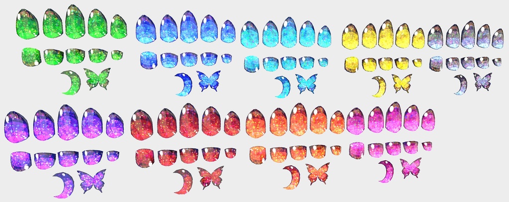 VRC想定 蝶・ミカヅキ付きテクスチャ53枚のつよつよネイル☆(付け爪)51アバター対応 シェーダーは、lilToon