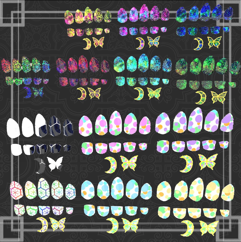 VRC想定 蝶・ミカヅキ付きテクスチャ53枚のつよつよネイル☆57アバター対応 シェーダーは、lilToon(足のネイルは、おまけです☆)