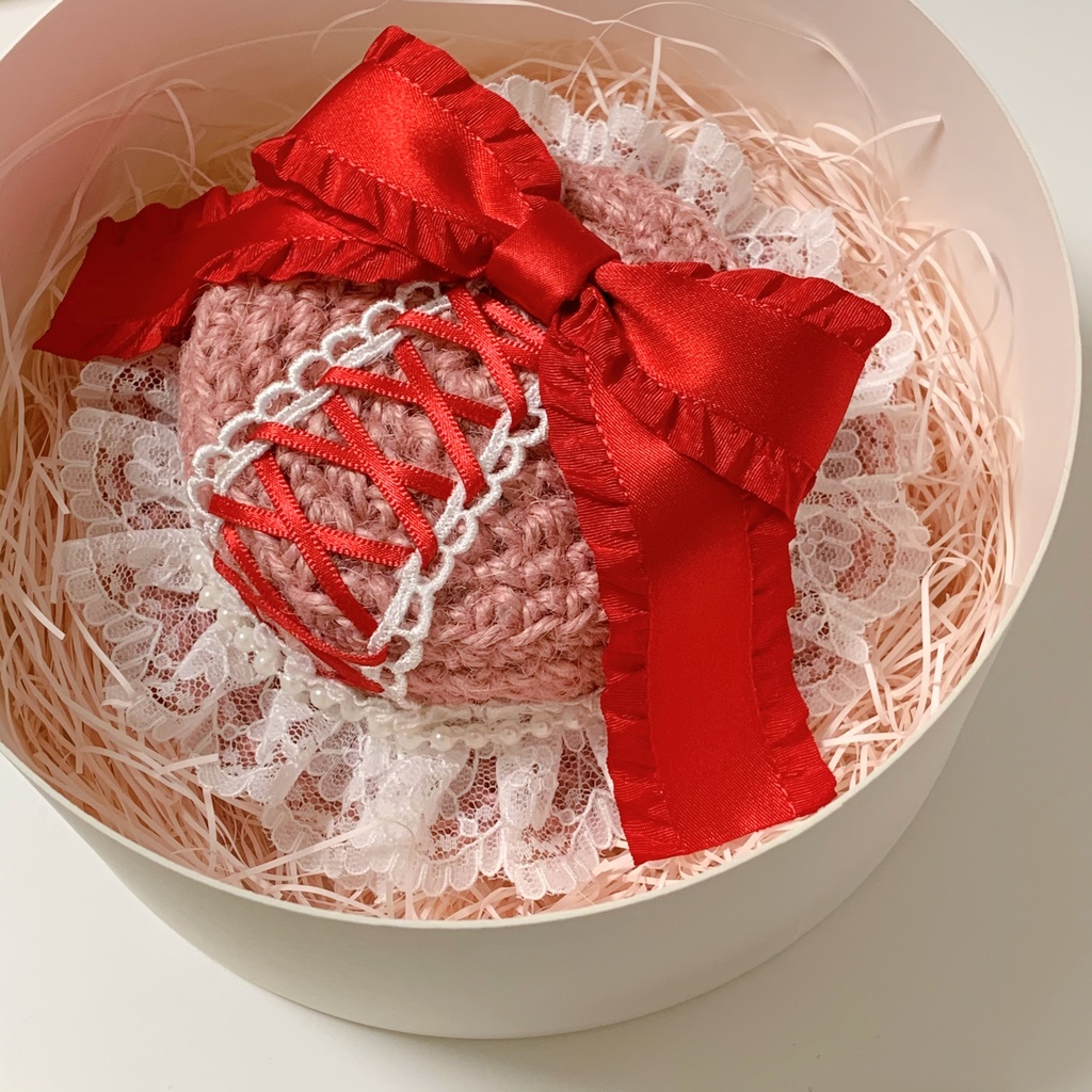 【梱包材変更により値下げ】ぬい用 リボン カンカン帽子/レッドXピンク