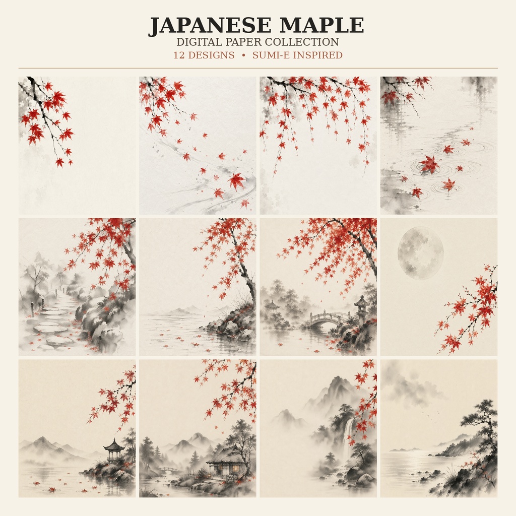 JAPANESE MAPLE｜和風背景素材・デジタルペーパー12枚｜紅葉・水彩・和紙