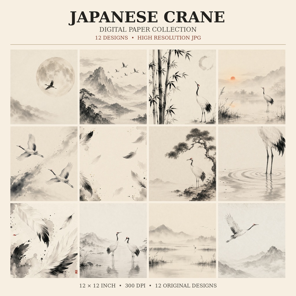 JAPANESE CRANE｜和風背景素材・デジタルペーパー12枚｜鶴・墨絵・和紙