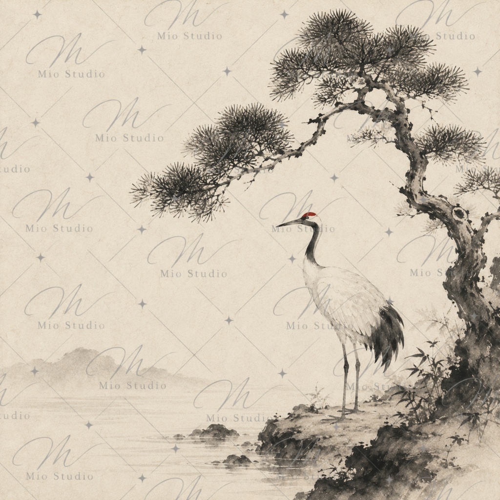 JAPANESE CRANE|和風背景素材・デジタルペーパー12枚|鶴・墨絵・和紙