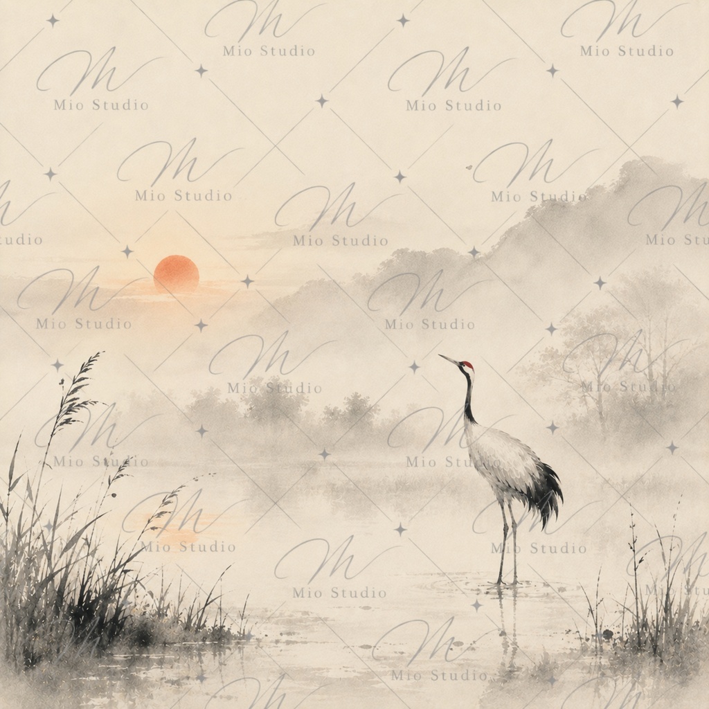 JAPANESE CRANE|和風背景素材・デジタルペーパー12枚|鶴・墨絵・和紙