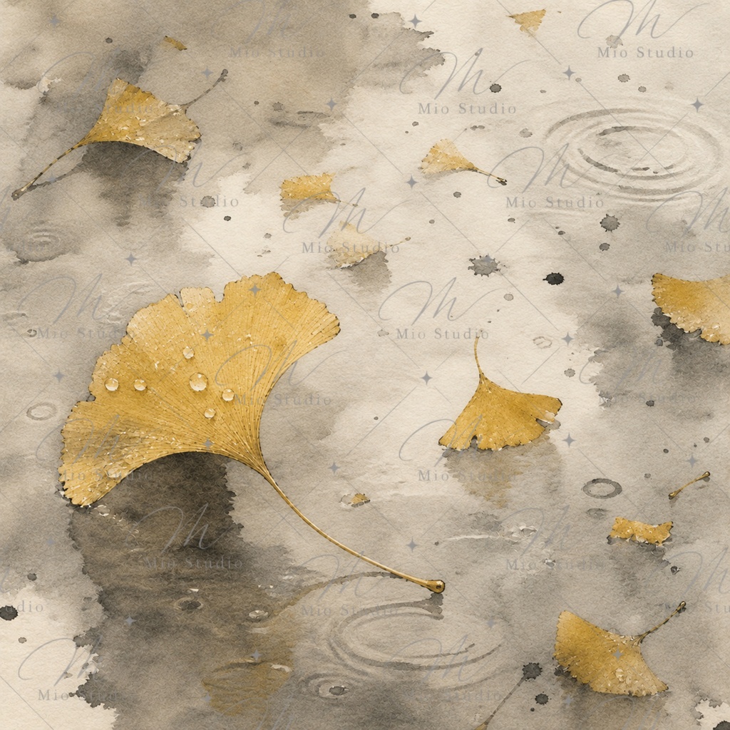 AUTUMN GINKGO|銀杏・秋の和風デジタルペーパー 12枚セット|墨絵・水彩・ゴールド