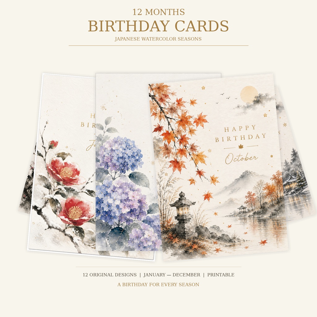 「12か月のバースデーカード｜季節の水彩画 Birthday Card 12枚セット」