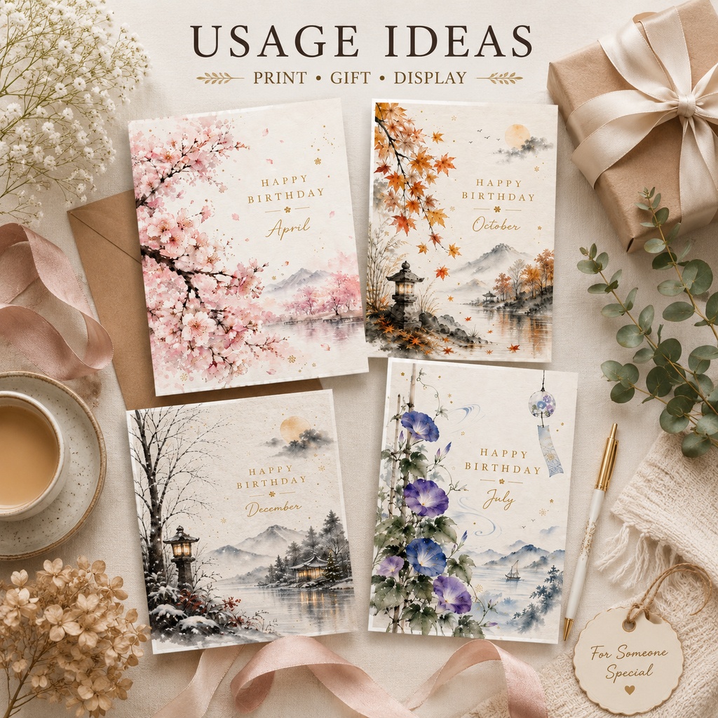 「12か月のバースデーカード|季節の水彩画 Birthday Card 12枚セット」