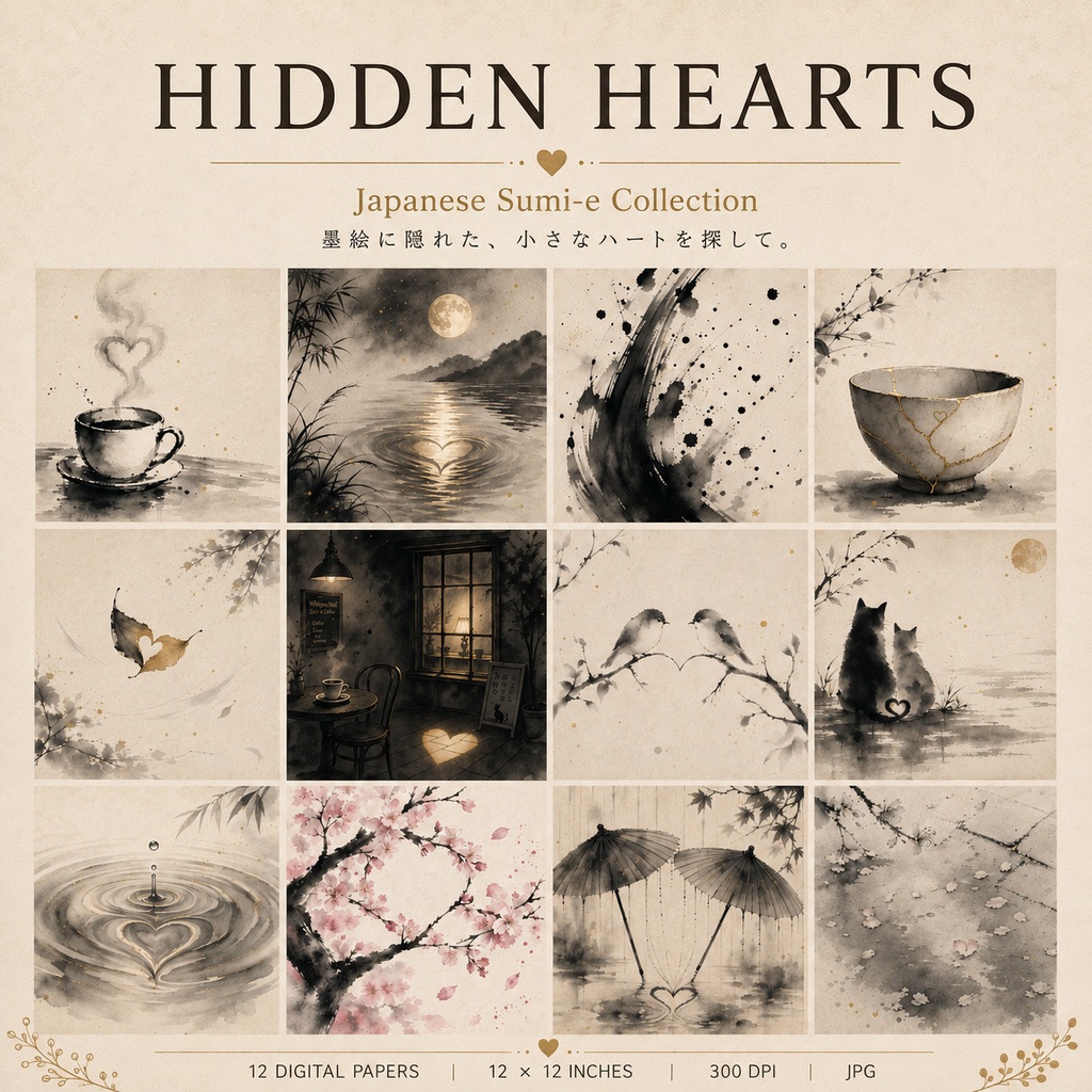 HIDDEN HEARTS｜墨絵に隠れた小さなハート｜デジタルペーパー12枚セット