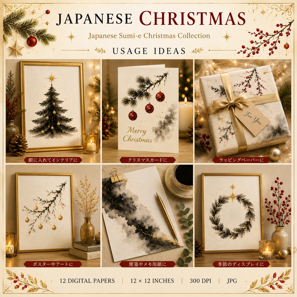 JAPANESE CHRISTMAS|墨絵×和紙のクリスマス デジタルペーパー 12枚セット