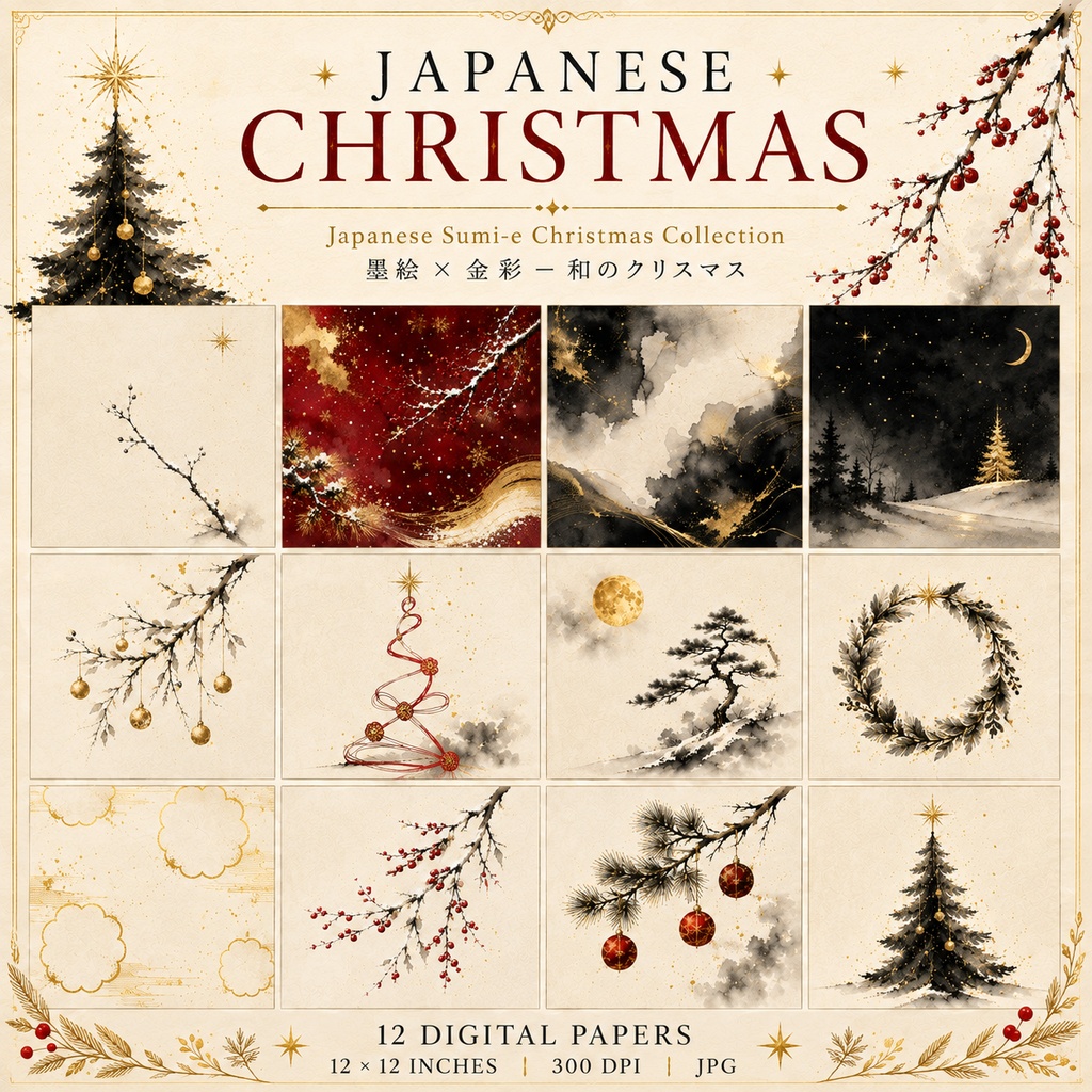 JAPANESE CHRISTMAS|墨絵×和紙のクリスマス デジタルペーパー 12枚セット