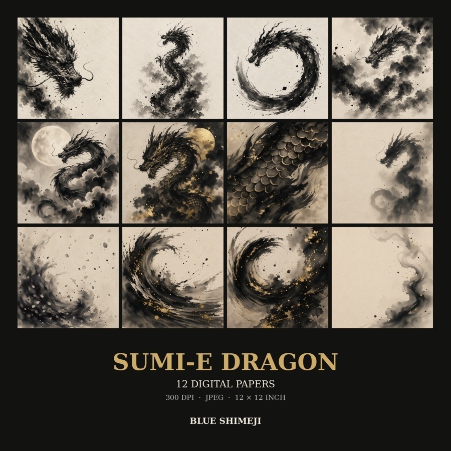 SUMI-E DRAGON｜墨絵の龍 デジタルペーパー 12枚セット