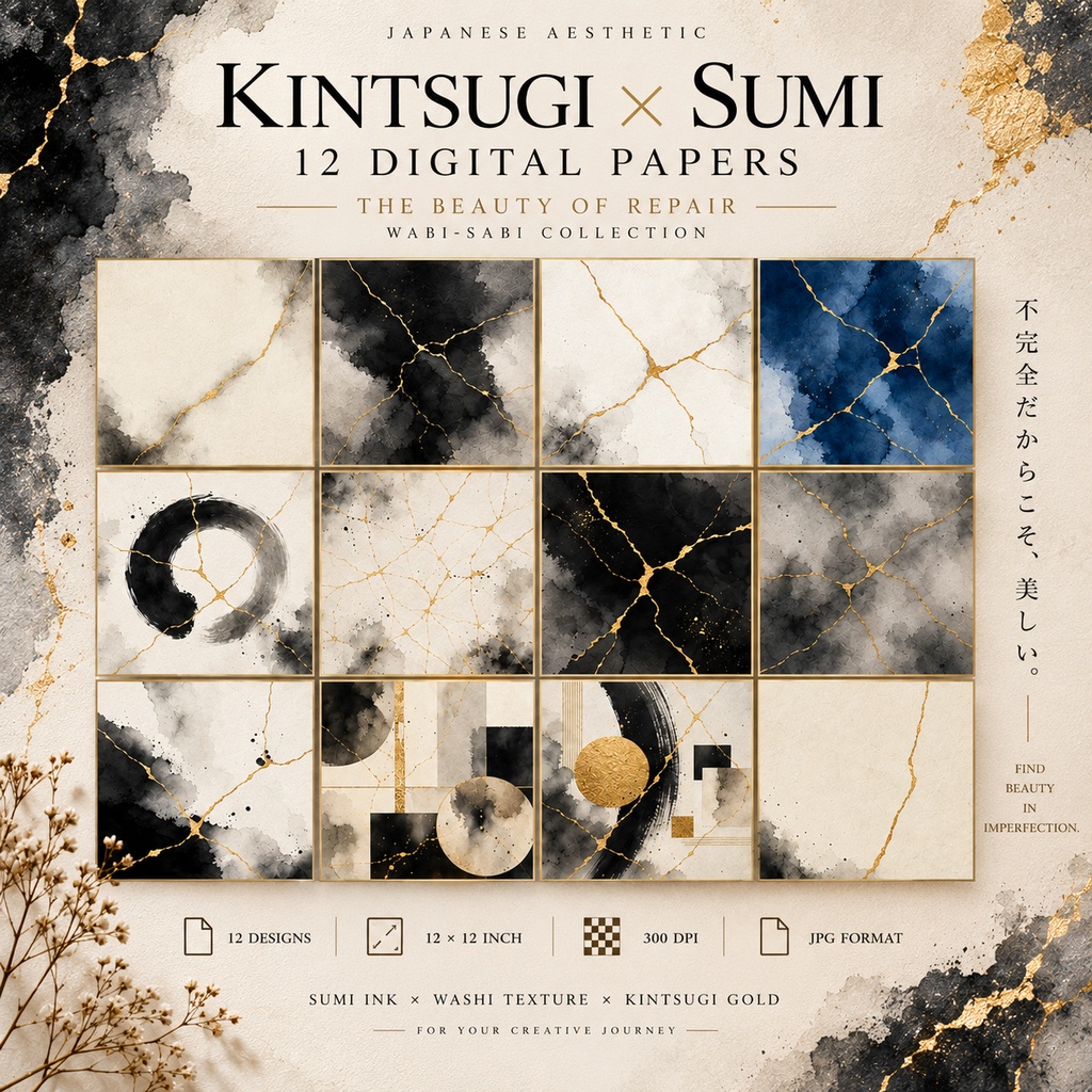 KINTSUGI × SUMI|金継ぎ×墨絵 和風背景素材 12枚セット