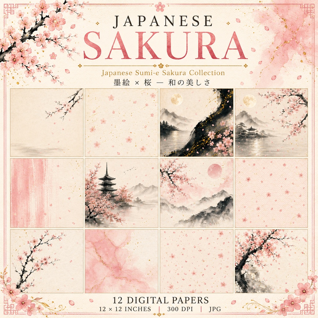 JAPANESE SAKURA|桜 × 墨絵 デジタルペーパー 12枚セット